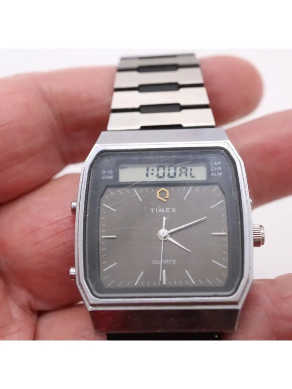 Vtg TIMEX Q Analog Digital Watch Men Alarm Chrono Silver Tone V Cell ISSUES READ
